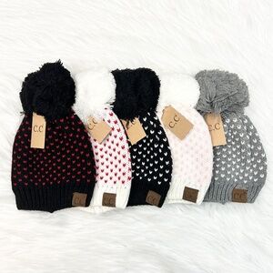 C.C Hearts Pom Beanie, Women C.C Hats, Winter Hats, Warm Beanies, Holiday Gift